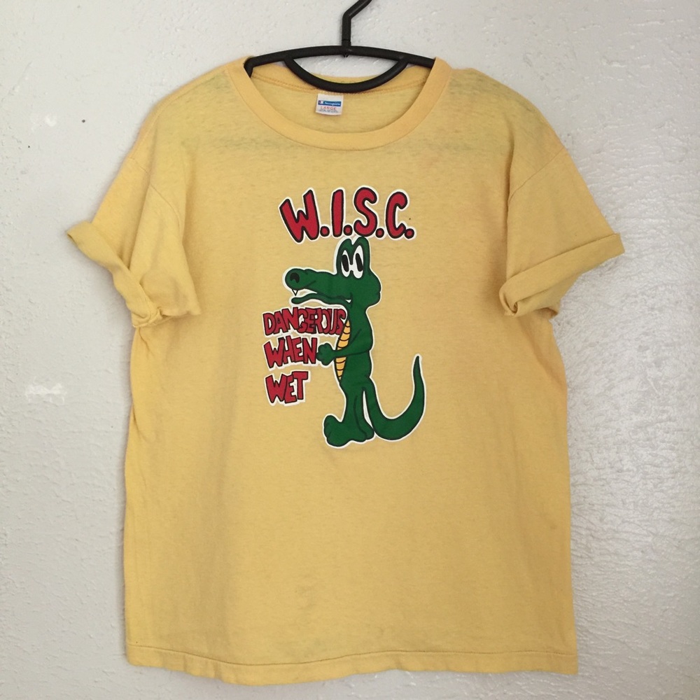 70s champion blue bar tee “dangerous when wet”